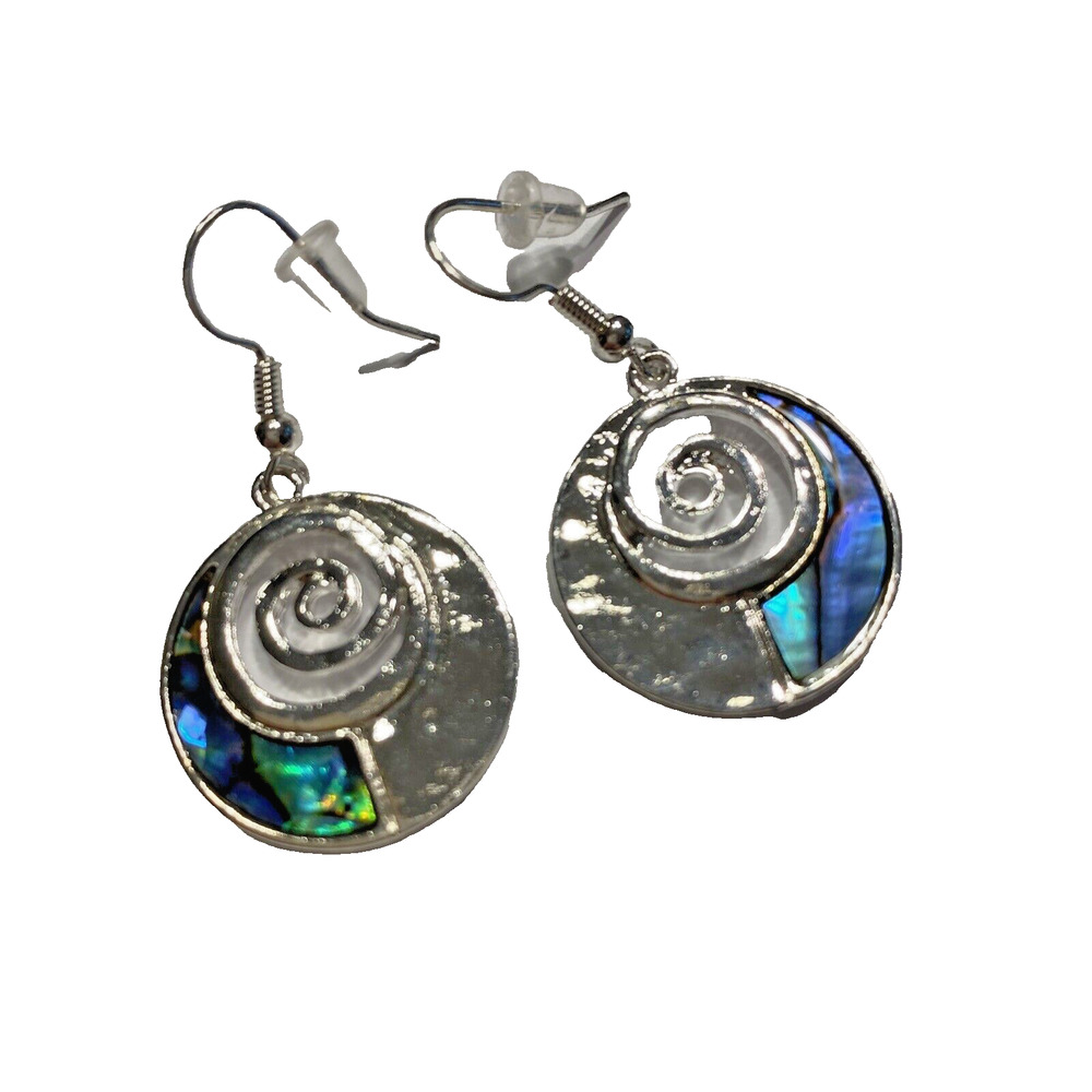 Beachy Pierced Earrings Drop & Dangle Wires Silver & Green Blue Abalone Shell